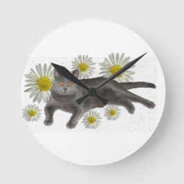 Reloj Redondo Mediano Chartreux Cat con daisies