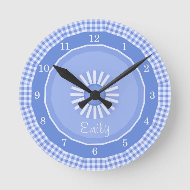 Reloj Redondo Mediano Cheques de Gingham azul numerados (Anverso)