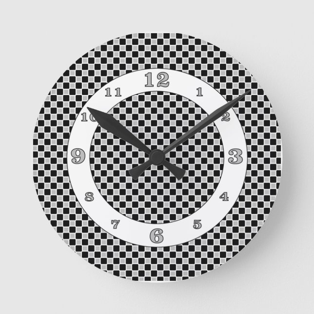 Reloj Redondo Mediano Cheques en blanco y negro (Anverso)