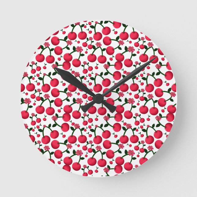 Reloj Redondo Mediano Cherry Seamless Pattern, Red Fruit Pattern,  (Anverso)