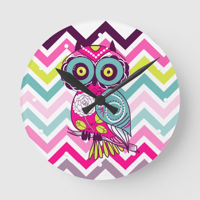 Reloj Redondo Mediano Chevron Retro Groovy Owl (Anverso)