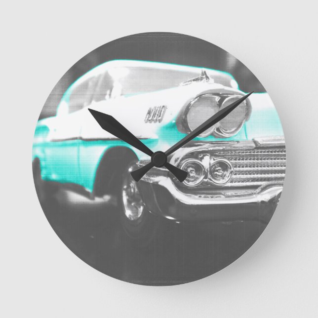Reloj Redondo Mediano Chevy impala de 1958 coche clásico azul brillante (Anverso)