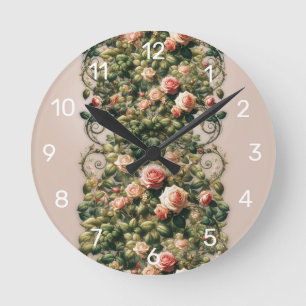 Reloj Redondo Mediano Chic Deslucido Rosas Rosadas Vides Floral Elegante