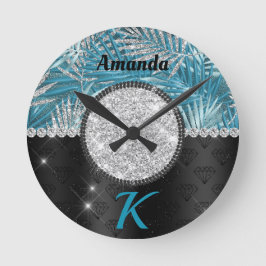 Reloj Redondo Mediano Chic girly turquoise aqua glitter leaves monogram