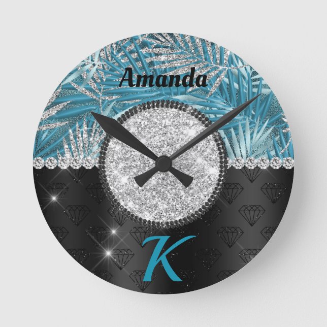 Reloj Redondo Mediano Chic girly turquoise aqua glitter leaves monogram (Anverso)