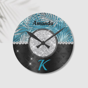 Reloj Redondo Mediano Chic girly turquoise aqua glitter leaves monogram