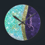 Reloj Redondo Mediano Chic iridescent purple blue faux glitter monogram<br><div class="desc">Easily personalize this trendy, chic bling Luxury Wall Clock design featuring elegant girly silver and iridescent faux glitter in unicorn, rainbow, teal, aqua, purple blue colors design. This makes the perfect sweet 16 birthday, wedding, bridal shower, anniversary, baby shower or bachelorette party gift for someone that loves glam luxury and...</div>