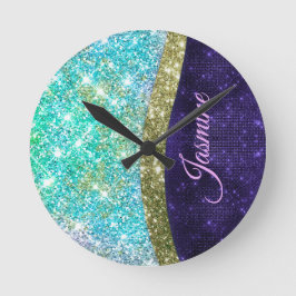 Reloj Redondo Mediano Chic iridescent purple blue faux glitter monogram