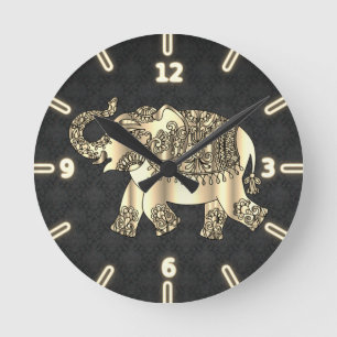 Reloj Redondo Mediano Chic Oro Paisley Floral Elefante, Damasco Negro