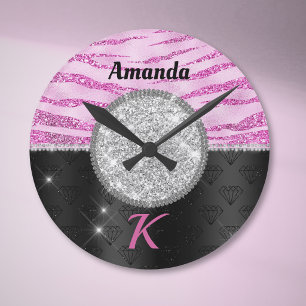 Reloj Redondo Mediano Chic pink black faux glitter animal print monogram