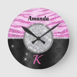 Reloj Redondo Mediano Chic pink black faux glitter animal print monogram
