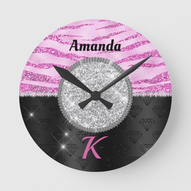 Reloj Redondo Mediano Chic pink black faux glitter animal print monogram (Anverso)
