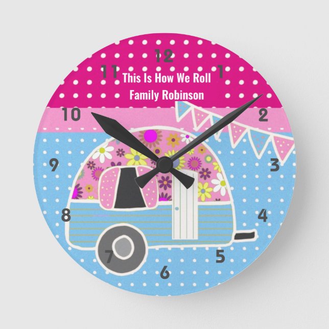Reloj Redondo Mediano Chic Polkadot retro Camper Van Pink Blue Shabby (Anverso)