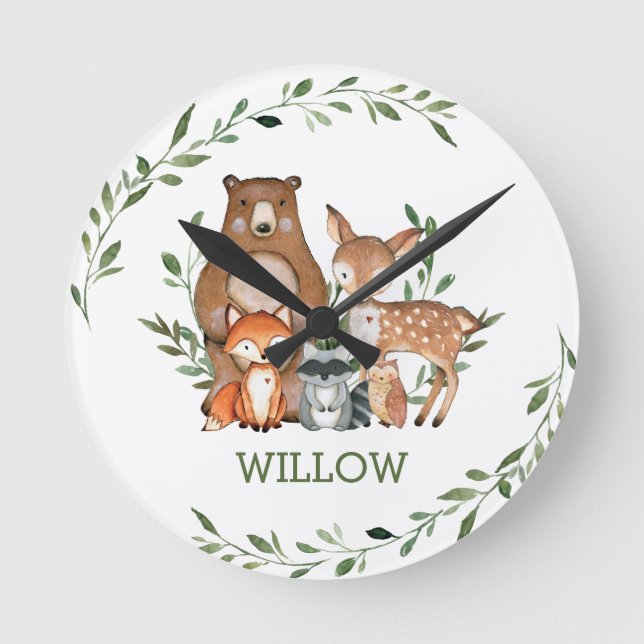Reloj Redondo Mediano Chic Whimsical Woodland Animals Bear Deer Fox Owl (Anverso)