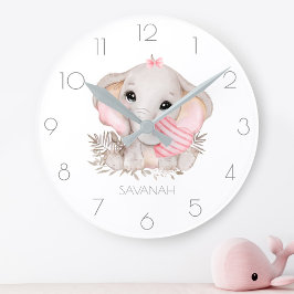 Reloj Redondo Mediano Chica de elefante lindo y personalizado rosa