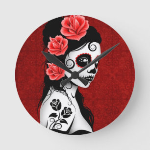 Reloj Redondo Mediano Chica de la Calavera del Azúcar Muerto - rojo