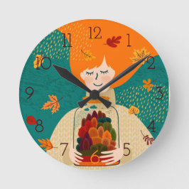 Reloj Redondo Mediano Chica de otoño con árbol en Jar