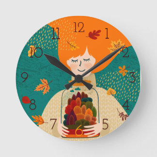 Reloj Redondo Mediano Chica de otoño con árbol en Jar
