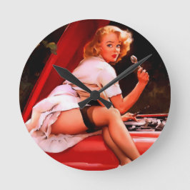 Reloj Redondo Mediano Chica de Pinup mecánico de coches retro vintage