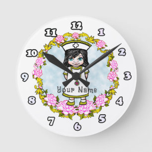 Reloj Redondo Mediano Chica Enfermera Rosas