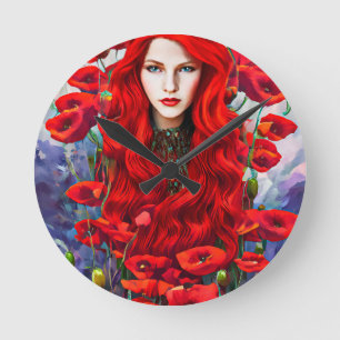 Reloj Redondo Mediano Chica escondido en flores de amapola arte de fanta