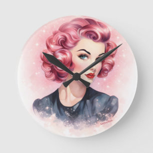 Reloj Redondo Mediano Chica Glam Retro Rosa Pin-Up 