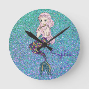 Reloj Redondo Mediano Chica Purple Purpurina Mermaid Wall Clock