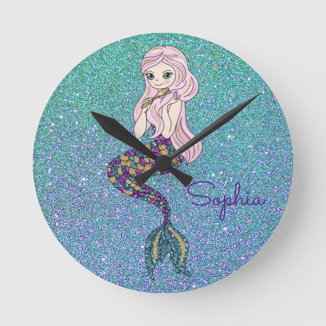 Reloj Redondo Mediano Chica Purple Purpurina Mermaid Wall Clock (Anverso)