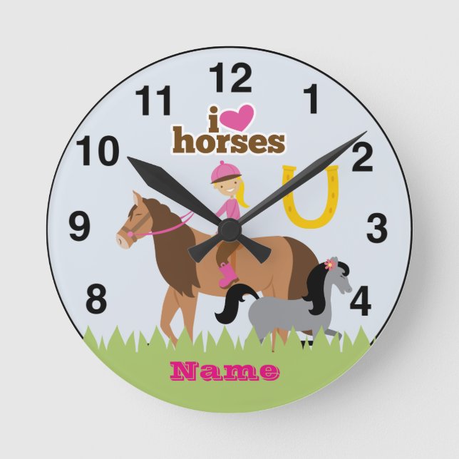 Reloj Redondo Mediano Chicas aman los caballos un regalo personalizado (Anverso)