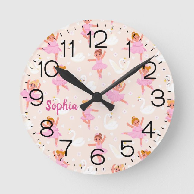 Reloj Redondo Mediano Chicas Cute bailarín de ballet rosado Swan Persona (Anverso)