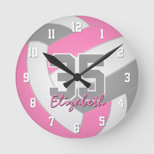 Reloj Redondo Mediano chicas grises rosados voleibol personalizado