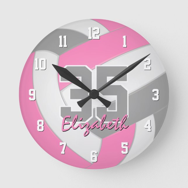 Reloj Redondo Mediano chicas grises rosados voleibol personalizado (Anverso)