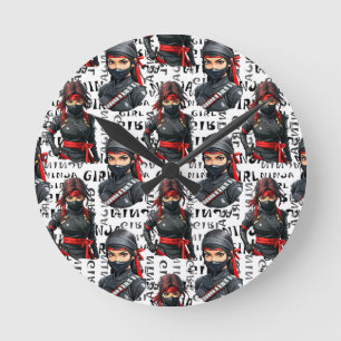 Reloj Redondo Mediano Chicas Ninja Anime con diseño de patrón de texto