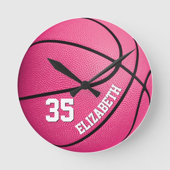 Reloj Redondo Mediano chicas personalizados de baloncesto rosa (Anverso)