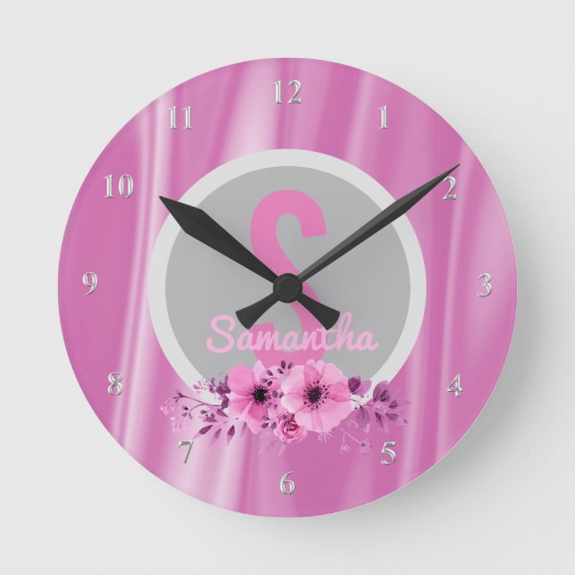 Reloj Redondo Mediano Chicas personalizados Nombre Flores Rosa Girly Sat (Anverso)