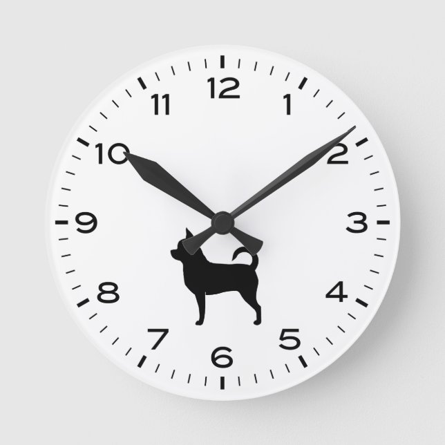 Reloj Redondo Mediano Chihuahua Perro engendra silueta negra y blanca (Anverso)
