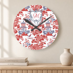 Reloj Redondo Mediano Chinoiserie Vintage Delft Rojo Azul monograma Fran