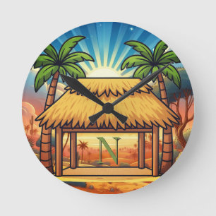 Reloj Redondo Mediano Choza Tiki Monograma Personalizado