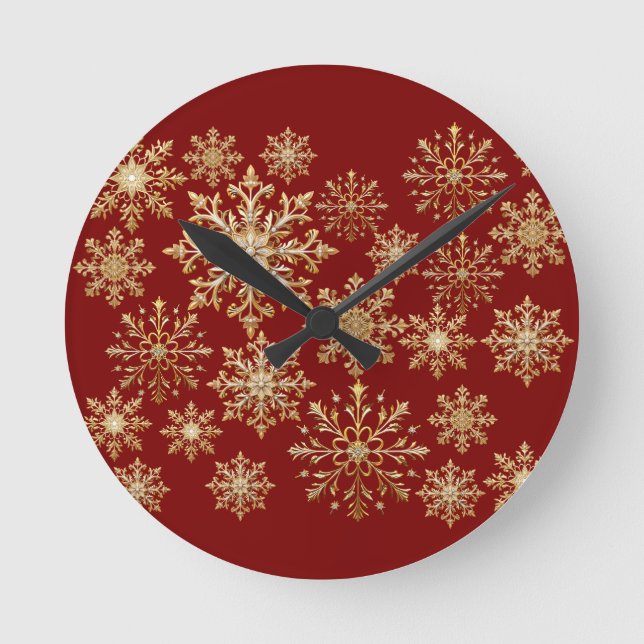Reloj Redondo Mediano Christams Gold and Red Snowflake  (Anverso)