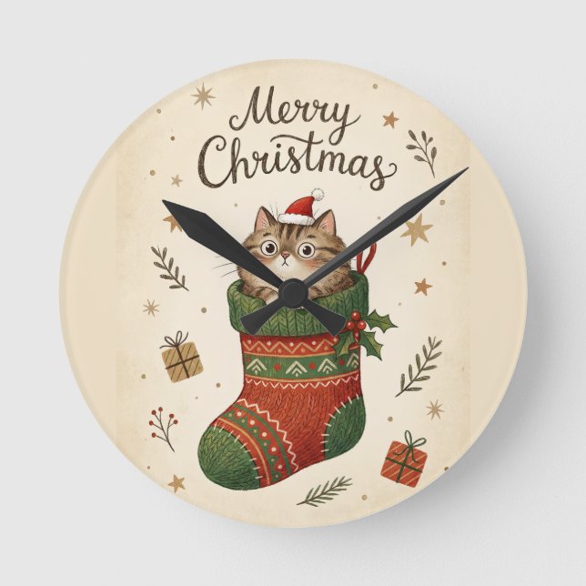 Reloj Redondo Mediano Christmas Cat in Stocking (Anverso)