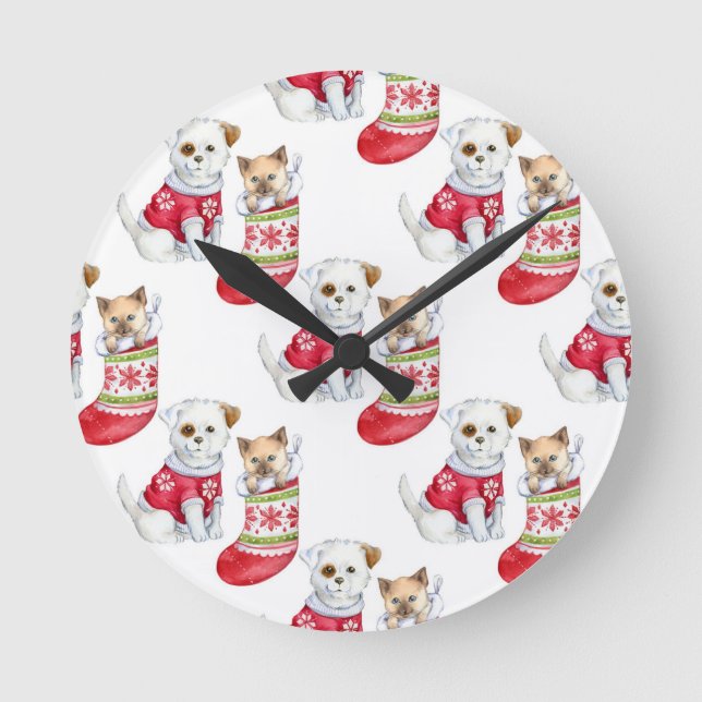 Reloj Redondo Mediano Christmas Dog & Cat (Anverso)