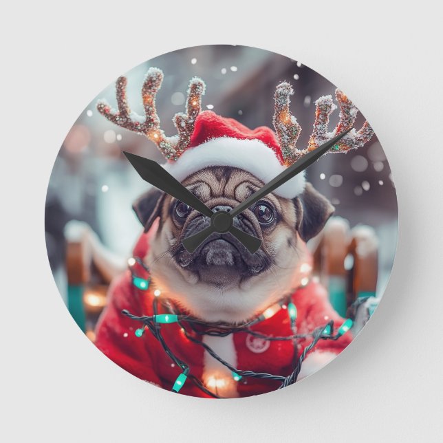 Reloj Redondo Mediano Christmas Pug Wall Clock with Reindeer Antlers - F (Anverso)