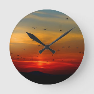 Reloj Redondo Mediano Cielo atmosférico, puesta de sol, pájaros, hermosa