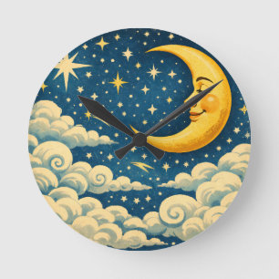 Reloj Redondo Mediano Cielo Nocturno de Luna Creciente Vintage