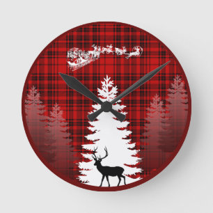 Reloj Redondo Mediano ciervo de santa navidad árbol rojo cuadros escoces