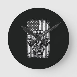 Reloj Redondo Mediano Cilindro de Coche Musculoso Antiguo Bandera Americ