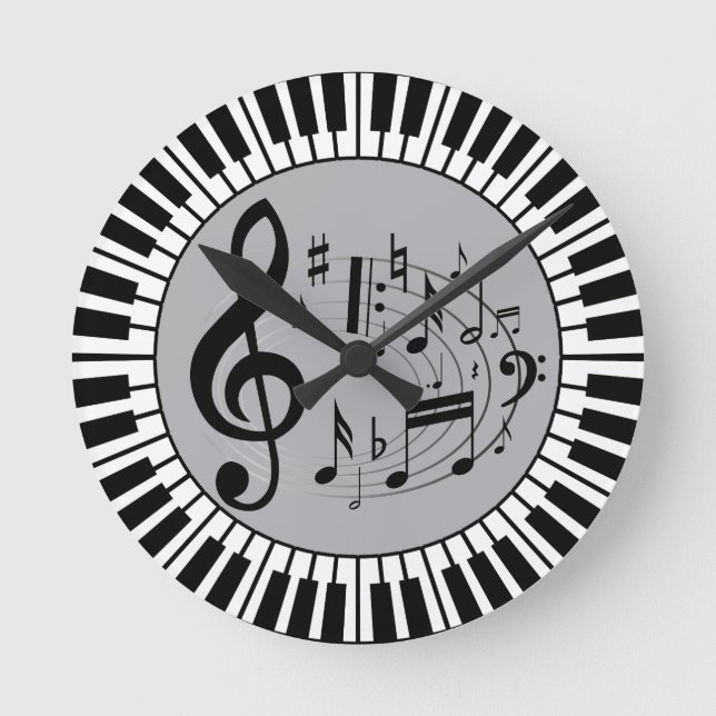 Reloj Redondo Mediano Circular Piano Keys Y Notas Musicales (Anverso)