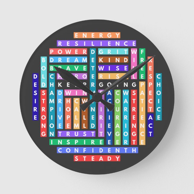 Reloj Redondo Mediano Círculo de búsqueda de palabras motivacional (Anverso)