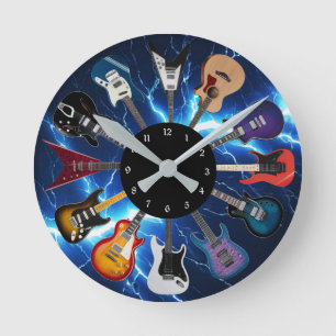 Reloj Redondo Mediano Círculo de Guitarra Eléctrica Relámpago Azul