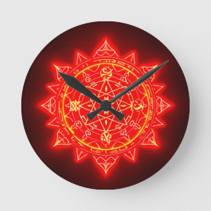 Reloj Redondo Mediano Círculo Mágico Rojo Brillante Con Símbolos Místico